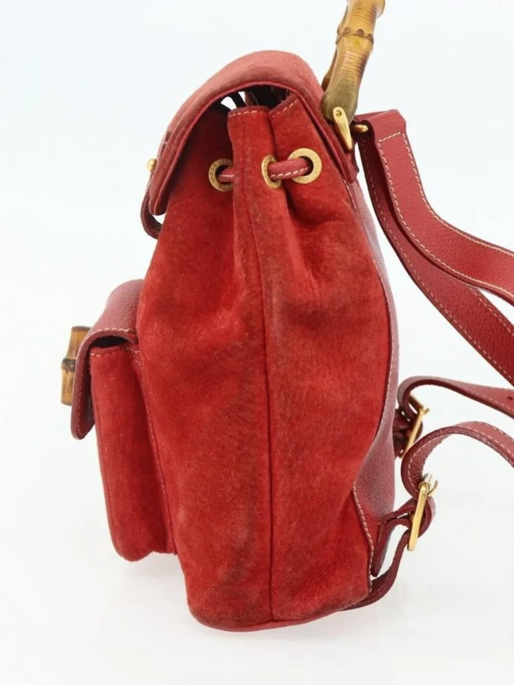 GUCCI Bamboo Backpack Suede Red Gold 003 2058 0030 Auth 175586
